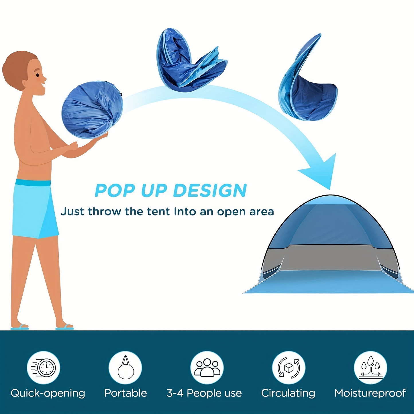 Pop-Up Beach Sun Shelter with 200 x 165 x 130 cm Interior, Six Stakes and Green or Blue Options