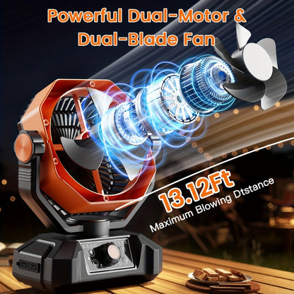 Battery Powered Camping Fan 20000mAh - 8-Speed Dual Motor Desk Fan with 4 LED Lanterns, Hook & Remote Control | Portable Outdoor Fan for Tent, Power Outage & Construction Site | Green, Black & Orange