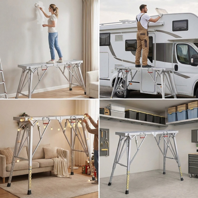 Aluminum Work Platform Height Adjustable Folding Portable Scaffold Bench Wide Base Safety Railing for Home Renovation RV Cleaning Window Painting 3 Sizes