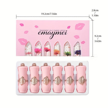 Jelly Lip Balm Set 6 Pack Color Changing — Temperature-Sensitive Dried Flower Extract, Sheer Moisturizing Clear Gloss, Natural Pink Tint, Long-Lasting Hydration Lip Care for Women