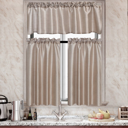 Kitchen Curtains 3 Panels Faux Silk Sheer Tier and Valance Set Rod Pocket 2 Tiers 26x36 inch + Valance 52x14 inch for Kitchen Bathroom Window Drapes