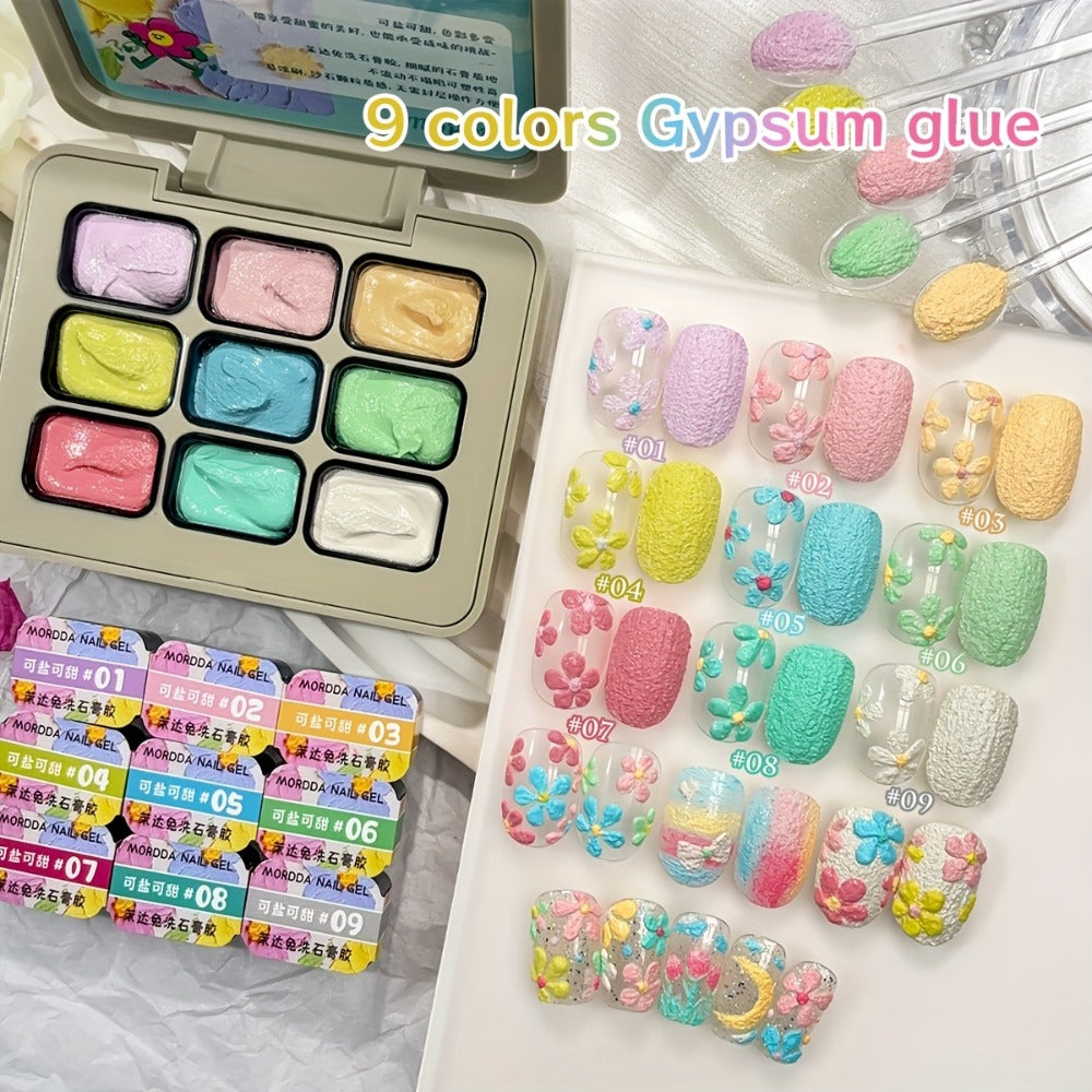 Plaster Texture Nail Art Gel Nine-Color Pastel Palette in a Compact Metal Case for Raised Sculpted Designs