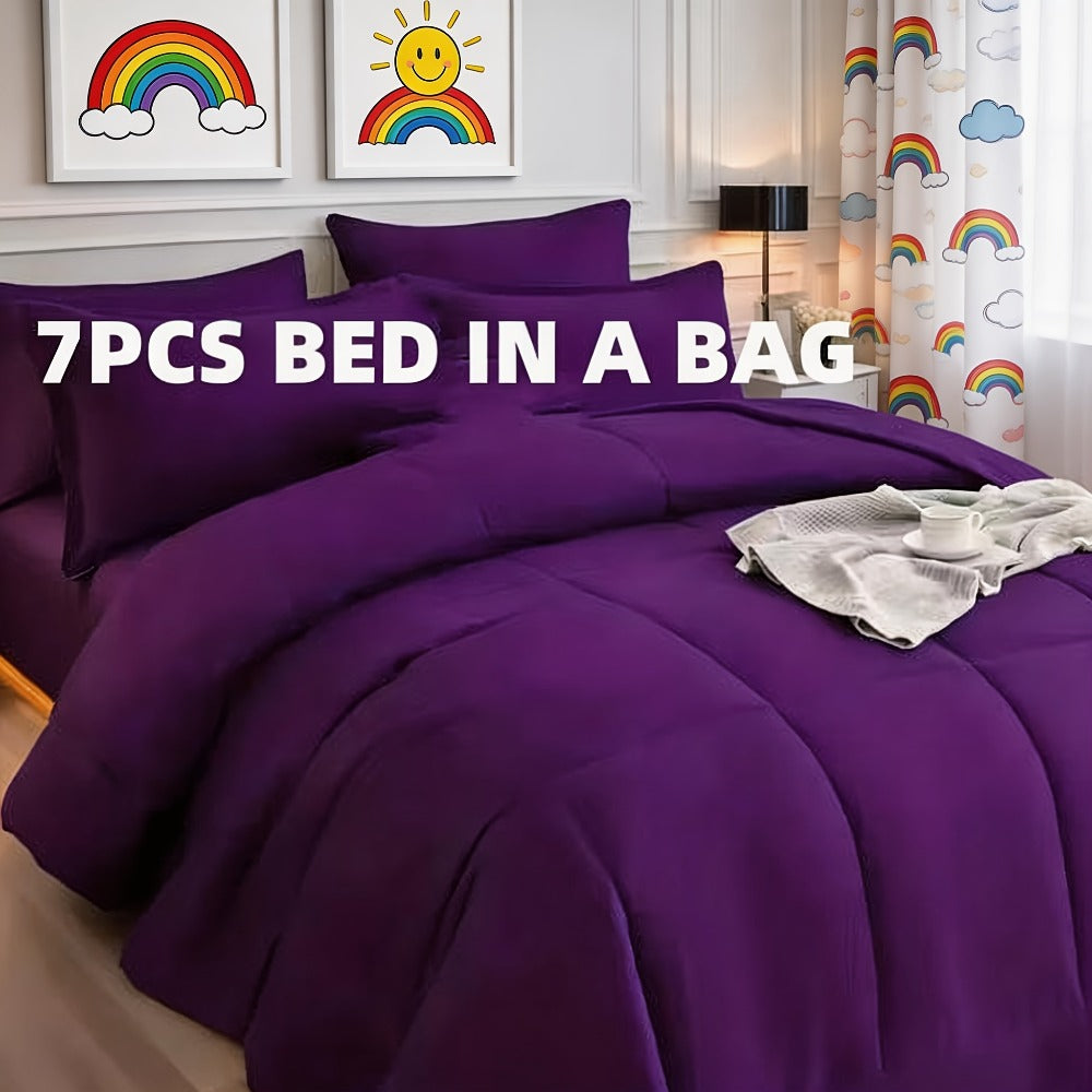 Seven-Piece Comforter Bed-in-a-Bag Set with Short-Plush Fabric, 12 Colors and Full, Queen or King Sizes