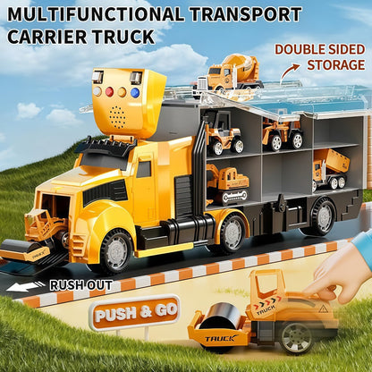 Vehicle Carrier Playset in Dinosaur Car or Construction Truck Style with Mini Vehicles and Storage