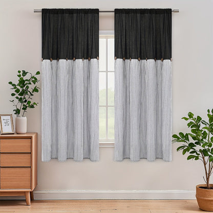 Striped Patchwork Window Curtain Set with Rod-Pocket Top, Six Colors and Five Panel-Count or Size Options