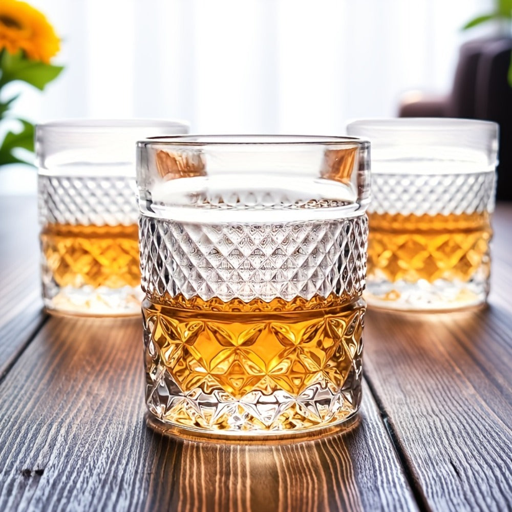 Single Embossed Whiskey Tumbler with Square Rim, Diamond-Cut Pattern and Thick Clear Base for Home Bar Service