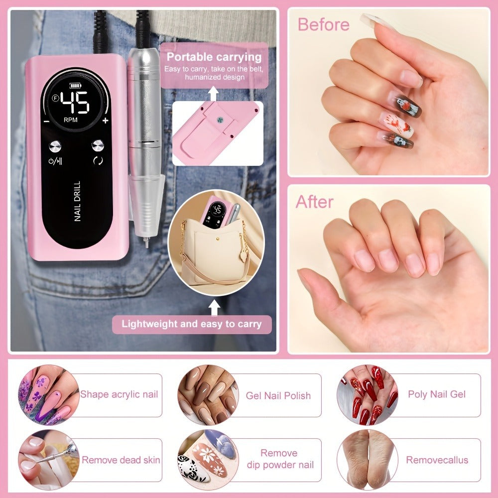 Electric Nail Drill 45000 RPM Cordless Kit with Power Display, Adjustable Speed and Three Colors