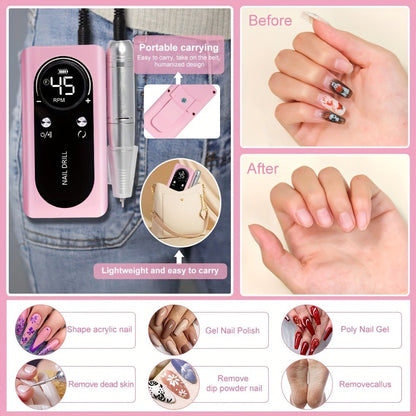 Electric Nail Drill 45000 RPM Cordless Kit with Power Display, Adjustable Speed and Three Colors
