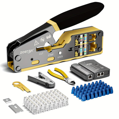 RJ45 Pass-Through Crimping Tool Kit with Cable Tester, Wire Stripper, Pliers and 50 Connectors