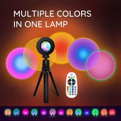 RGB Sunset Lamp Projection with Stand & Remote Control – USB Color Changing Sunset Light for Bedroom, Photography, TikTok, Aesthetic Room Decor & Laptop Compatible