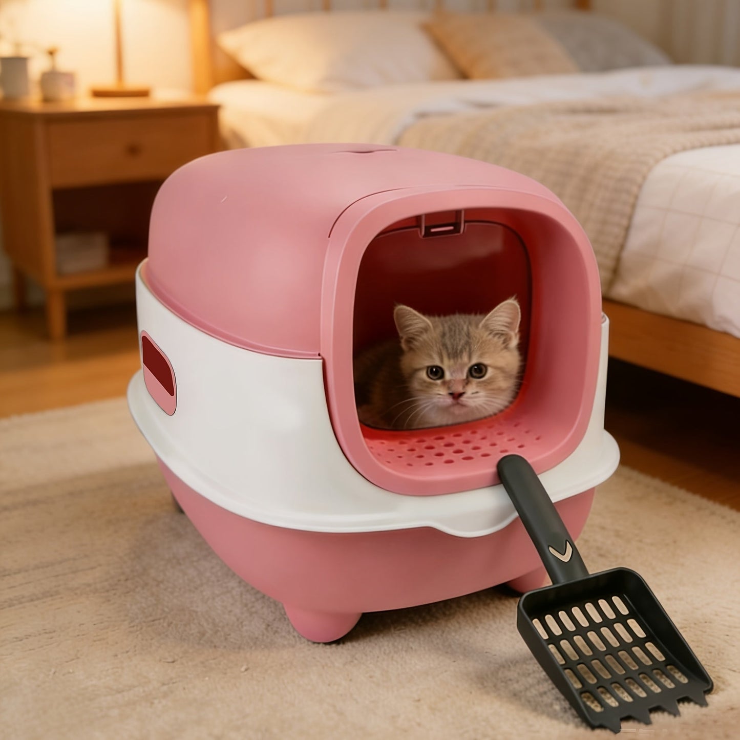 Hooded Cat Litter Box 5 Colors – Fully Enclosed Spill-Proof Design with Scoop Included | Easy to Assemble, Clean & Store | Odor-Reducing Covered Litter Box for Small to Medium Cats | Pink, Gray, Purple, Blue & Green