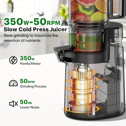 Cold Press Juicer Masticating – 350W Slow Juicer with Wide Feed Chute, 50RPM Fine Grinding, High Juice Yield, Easy to Clean, Safe Bladeless Design for Whole Fruits & Vegetables, Black & Pink