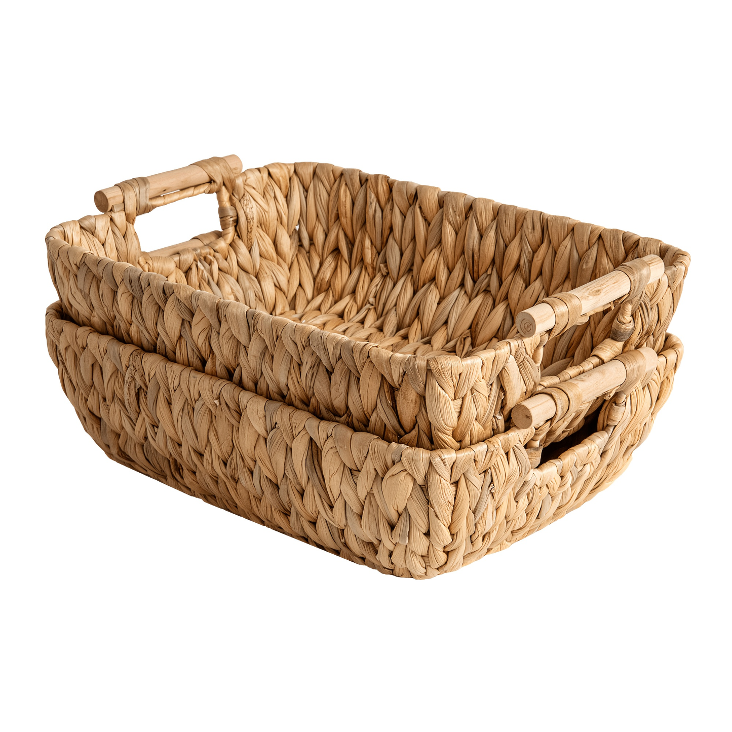 Water Hyacinth Woven Storage Baskets 2-Pack with Wooden Handles in Natural Seagrass Options