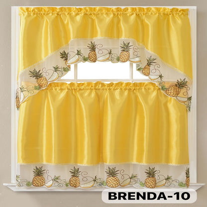 Three-Piece Patterned Kitchen Curtain Set with One Valance, Two Tiers and Forty-Six Exact Design Options
