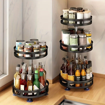 Three-Tier Rotating Spice Rack in Black or White with Circular Shelves and Tall Bottle Storage