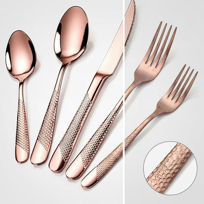 Stainless Steel Flatware Set 40/48 Piece – 304 Silverware Set for 8 Hammered Mirror Polished Rose Gold Cutlery with 2-in-1 Serrated Knife Dishwasher Safe Modern Utensils for Home Restaurant Wedding