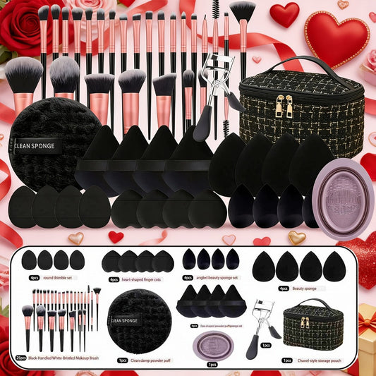 49Pcs Professional Makeup Brush Set Super Soft Nylon Bristles with Expandable Storage Box Concealer Contour Sponge Eyeshadow Powder Highlight Blending Kit Wet Dry Use Women Black Milky White
