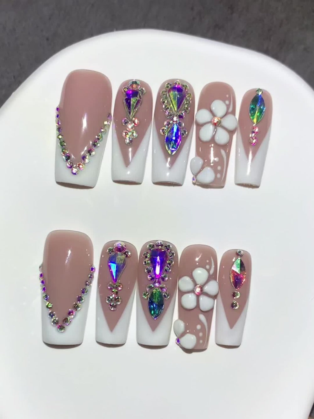Press On Nails 10-Piece Square French-Tip Set with Nude White Gloss, AB Rhinestones and Floral Design