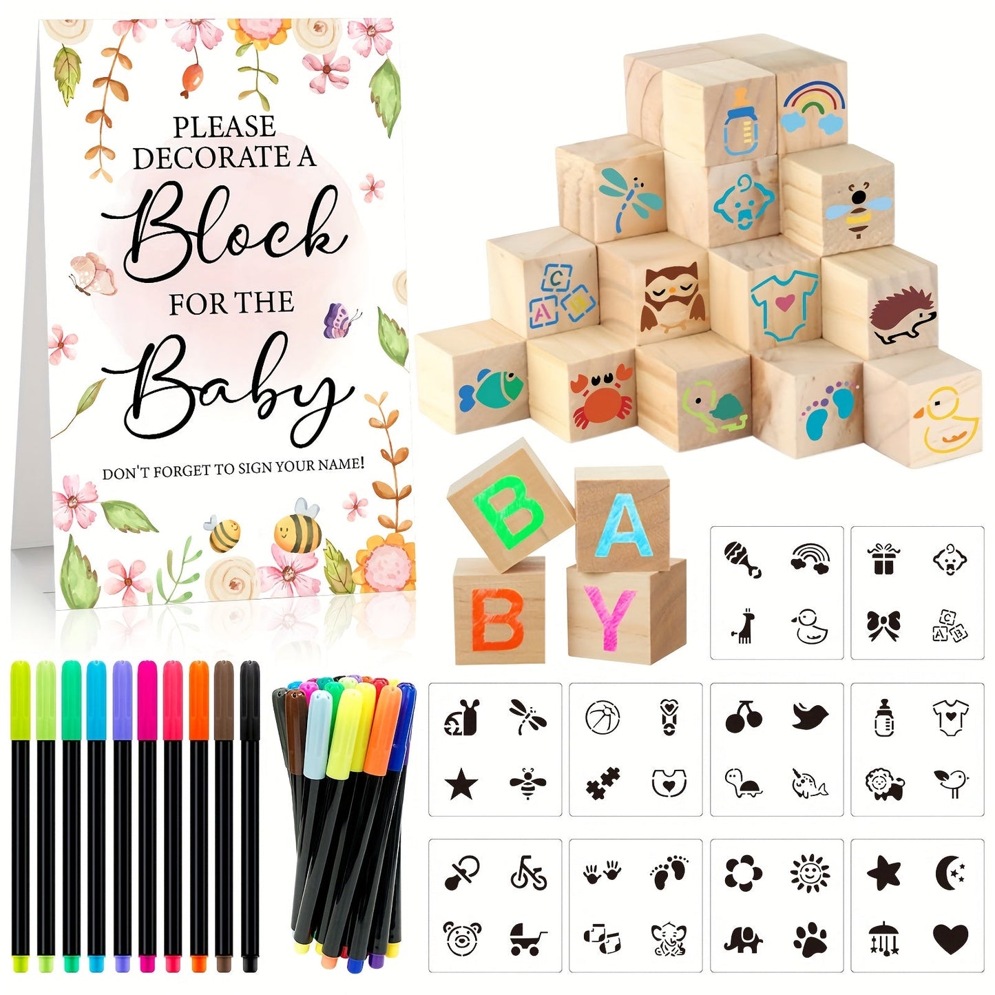 Wooden Block Stacking Party Game in Five Classic, Floral, Greenery, Fox or Bear Style Options