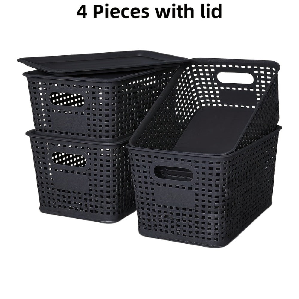 Storage Organizer Bins with Lids 4/8 Pack | Space-Saving Stackable Boxes 10"x7"x4" for Shelves, Closet & Desk - Declutter Bins for Dorm, Playroom & Office with File Organizer Bag, White Black Gray Red