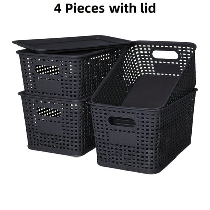 Storage Organizer Bins with Lids 4/8 Pack | Space-Saving Stackable Boxes 10"x7"x4" for Shelves, Closet & Desk - Declutter Bins for Dorm, Playroom & Office with File Organizer Bag, White Black Gray Red