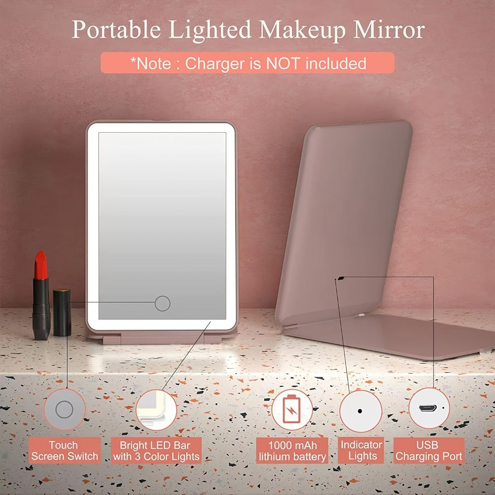 Cute Animal LED Makeup Mirror Foldable Double-Sided 3 Brightness Settings - USB Rechargeable Lighted Handheld Mirror Portable Travel Vanity Mirror for Girls Women Teen Gift