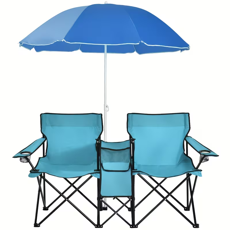 Folding Picnic Chair Set for 2 | Umbrella, Cooler Bag & Table, 600 Lbs Capacity, Portable