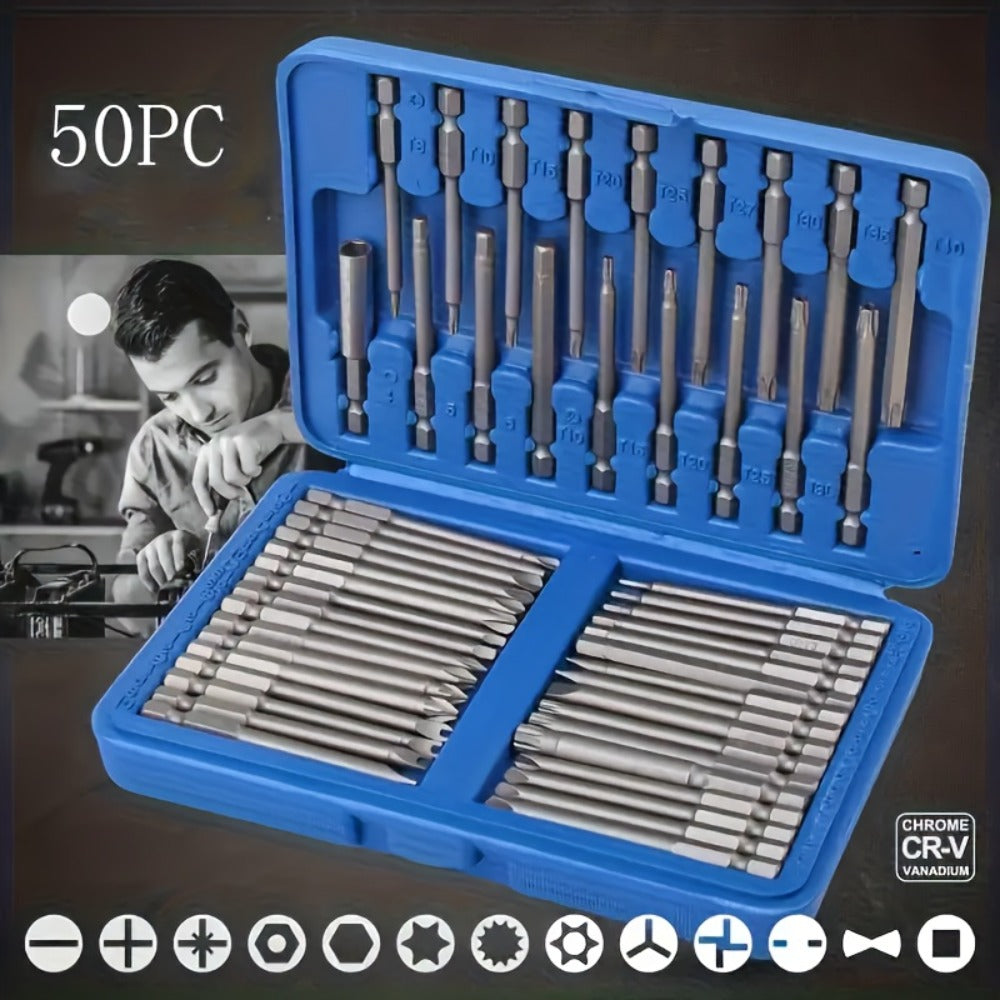 50-Piece Magnetic Security Screwdriver Bit Set with 75 mm Extended 1/4-Inch Hex Shanks and Blue Case