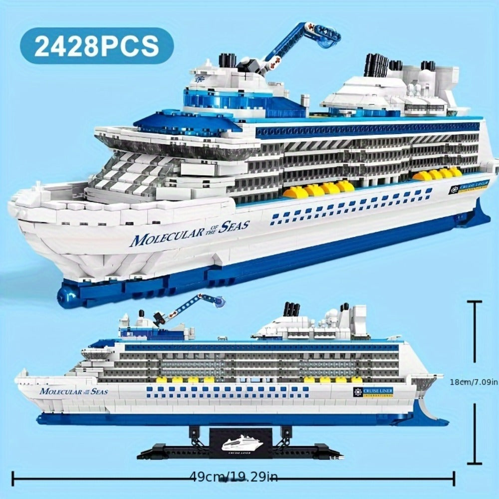 Cruise Ship Building Block Model with 2,428 Pieces, Display Stand, Support Frame and Detailed Deck Features