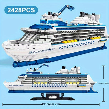 Cruise Ship Building Block Model with 2,428 Pieces, Display Stand, Support Frame and Detailed Deck Features