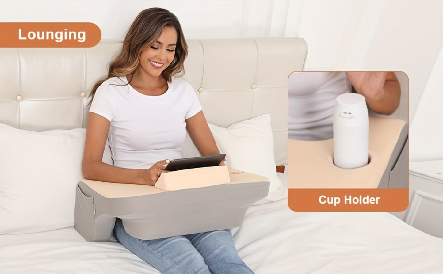 Gray Reading Lap Cushion with Armrests, Cup Holder, Side Pocket and Removable Top Pad for Bed or Sofa