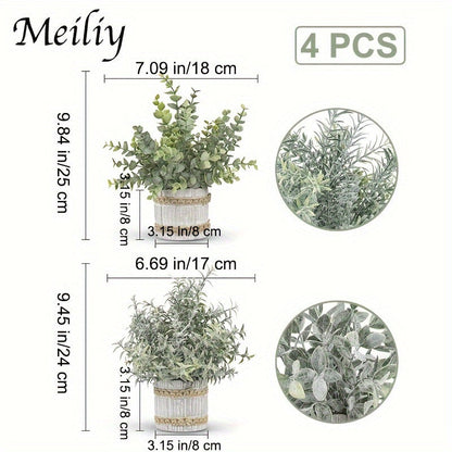 Mini Artificial Potted Plants 4 Pack – Realistic Fake Greenery in White Pots for Home, Office & Party Decor | No Watering Needed Low-Maintenance Indoor Outdoor Faux Plant Set | Housewarming Gift