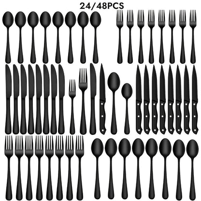Stainless Steel Flatware Set with Steak Knives – 24/48 Piece Silverware Set Service for 4 or 8, Mirror Polished Cutlery, Dishwasher Safe, Silver & Black