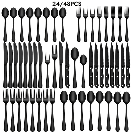 Stainless Steel Flatware Set with Steak Knives – 24/48 Piece Silverware Set Service for 4 or 8, Mirror Polished Cutlery, Dishwasher Safe, Silver & Black