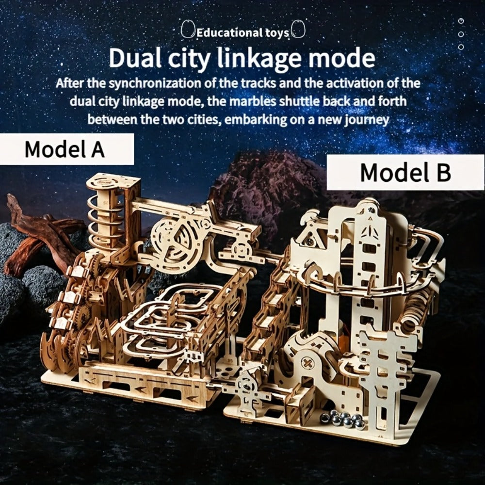 Wooden Marble Track Model Kit with Dual-Linkage A or B Builds, Laser-Cut Panels, Gears and Ball Rails