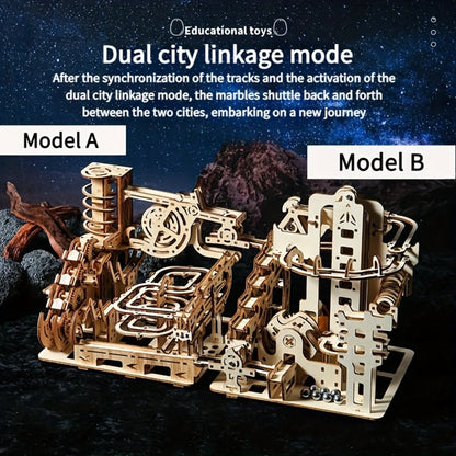Wooden Marble Track Model Kit with Dual-Linkage A or B Builds, Laser-Cut Panels, Gears and Ball Rails