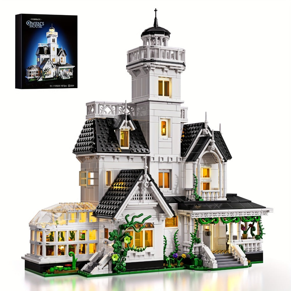 Building Block Set Owen's House with 1877 Pieces, Three-Level Tower, Porch, Conservatory and Lighting