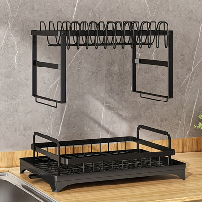 2-Layer Dish Drying Rack Kitchen Countertop Organizer - Dish Drain Rack with Knife Holder, Cup Rack & Cutlery Holder for Bowls, Chopsticks & Utensils, Black Assembled Dish Drainer