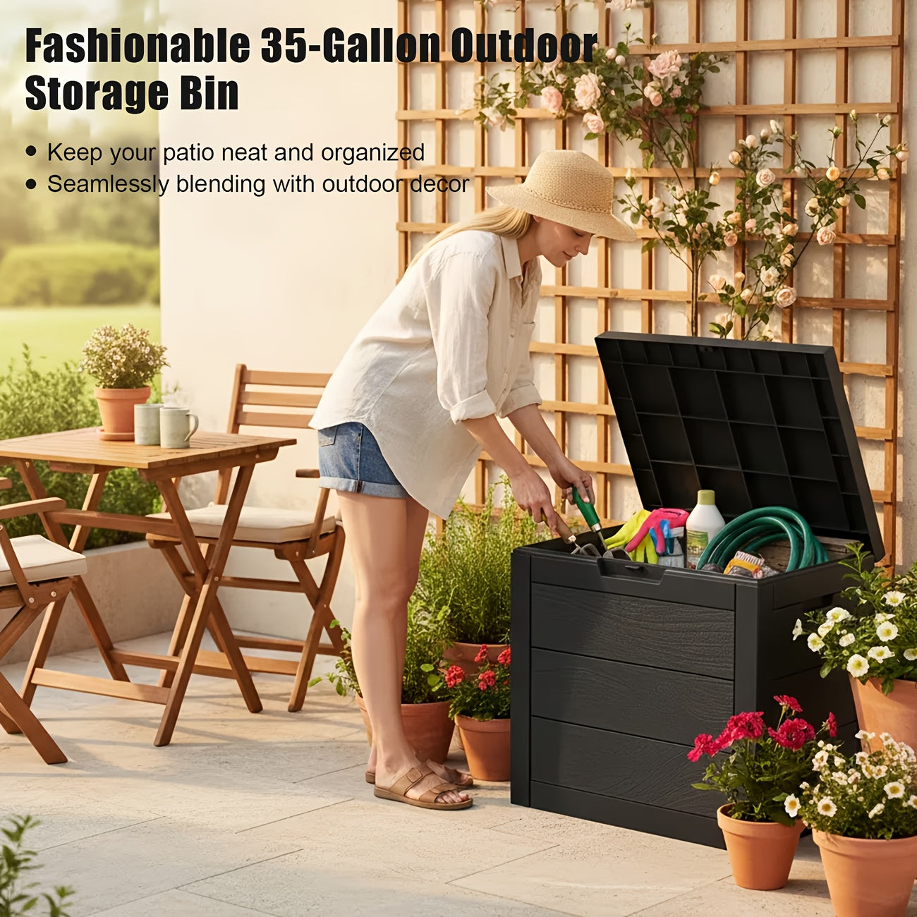 Flip-Top Resin Deck Storage Box with Secure Lid in Black for Patio, Pool and Garden Storage