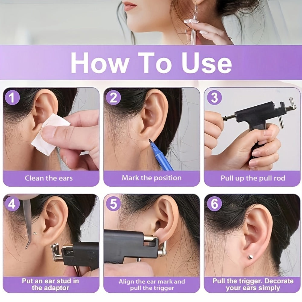 Ear Piercing Gun Kit 37pcs Professional Set — 24 Stainless Steel Earrings, 12 Crown Earrings, Safe One-Click DIY Ear Piercing Tool for Women, Girls & Teens at Home or Salon
