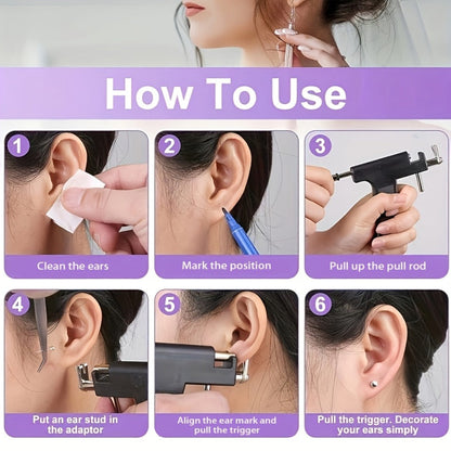 Ear Piercing Gun Kit 37pcs Professional Set — 24 Stainless Steel Earrings, 12 Crown Earrings, Safe One-Click DIY Ear Piercing Tool for Women, Girls & Teens at Home or Salon