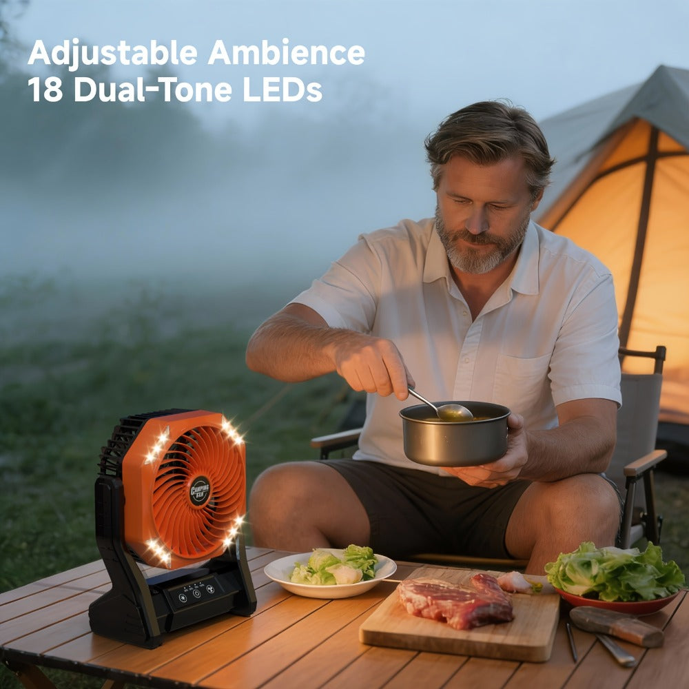 Camping Fan 20000mAh Tabletop and Hanging Fan with 4 Speeds, 3-Level LED Light and 180° Vertical Swing