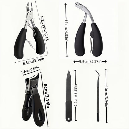 Angled-Jaw Nail Clipper Set, Five-Piece Black-Handle Kit with 25-Degree Tool, Lifter and File
