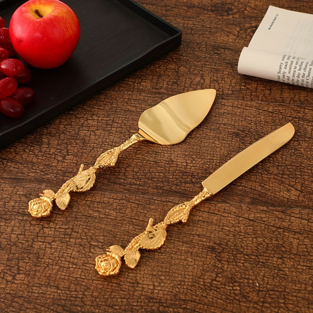 Cake Knife and Spatula Set with Rose Handle – Silver-Plated Dessert Server Gift Box Set for Wedding, Birthday & Party