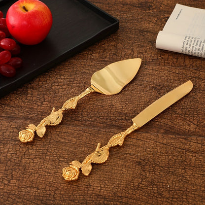 Cake Knife and Spatula Set with Rose Handle – Silver-Plated Dessert Server Gift Box Set for Wedding, Birthday & Party