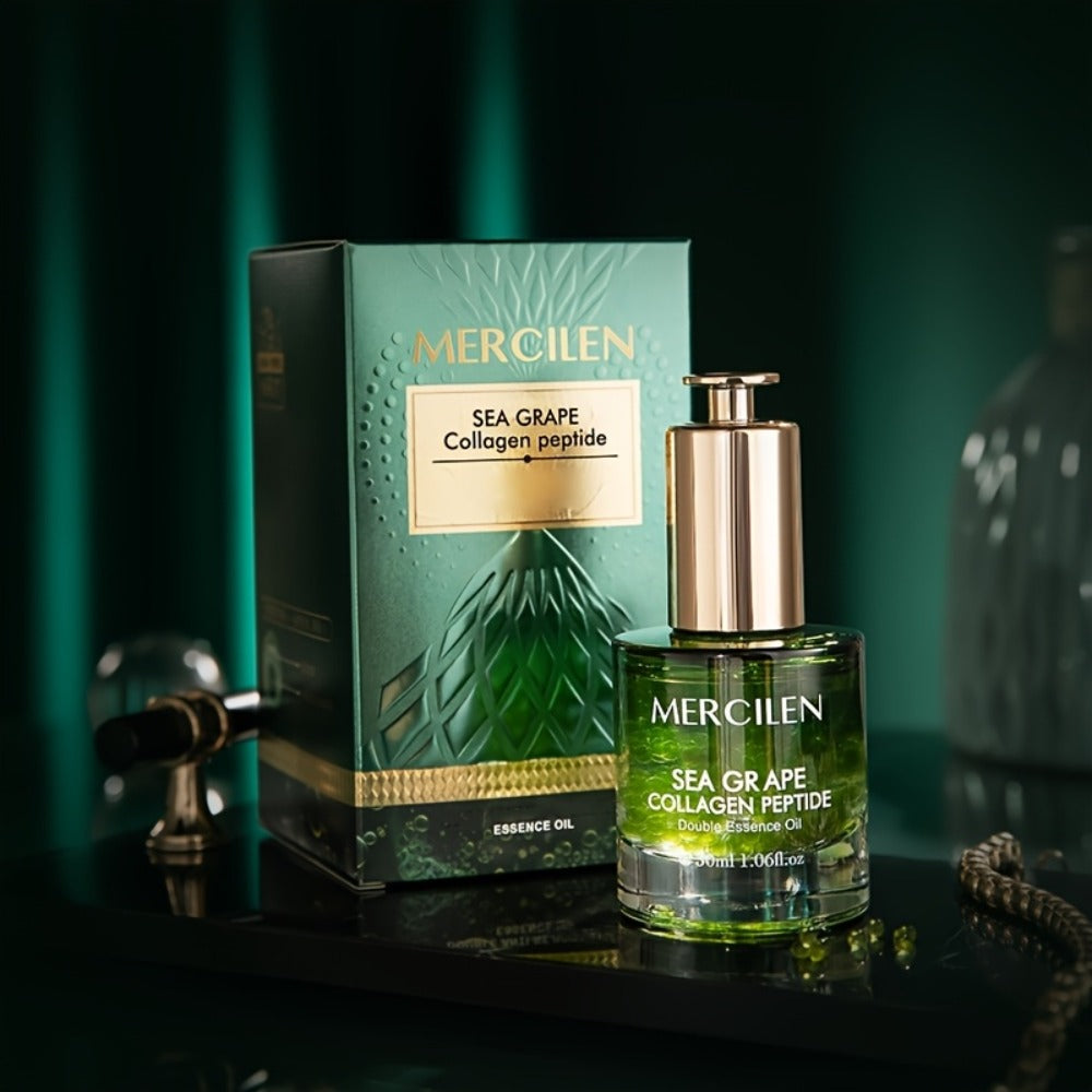 Face Serum Mercilen Sea Grape, Collagen Peptide and Squalane Essence Oil in a Green Pump Bottle