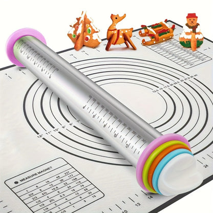 Stainless Steel Rolling Pin with Adjustable Thickness Rings for Pizza, Cookies, Dough and Pastry