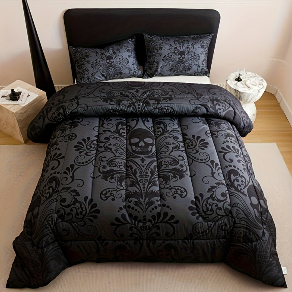 Gothic Skull Comforter Set with Two Pillowcases, Two Design Labels and Twin through King Sizes