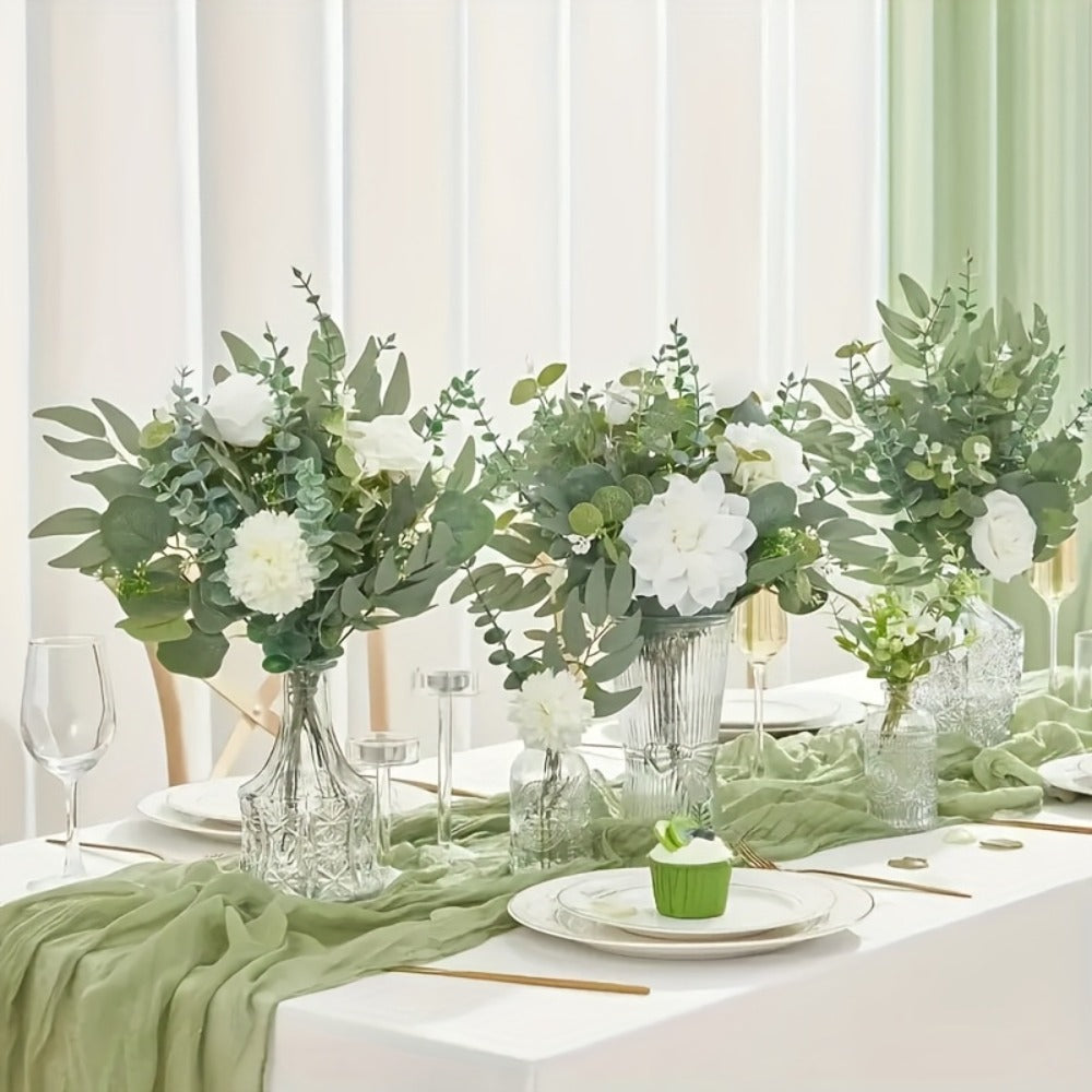 Artificial Flowers Eucalyptus Stem Set in 50 or 56 Pieces with Four Leaf Varieties and White Accents