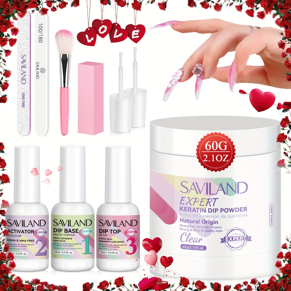 Dip Powder Nail Kit with SAVILAND Label, 60g Clear Powder, Three 15ml Liquids, Files, Buffer and Brush